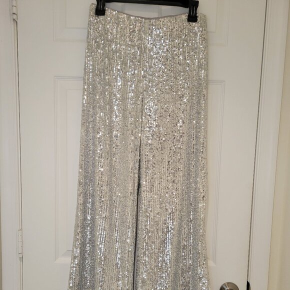 ANN TAYLOR SILVER SEQUIN WIDE LEG PANTS NWT - Picture 1 of 13